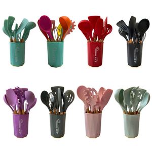 Ustensiles de cuisine en bois, supports pour ustensiles en silicone avec tapis anti-goutte, ensemble d'ustensiles en bois pour la cuisine - Product Image 2
