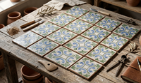 Carrelage Céramique Peint à la Main Motif Végétal Méditerranéen Bleu Vert Lumineux 100x100mm Sur Mesure Artisanal Antibactérien pour Intérieur