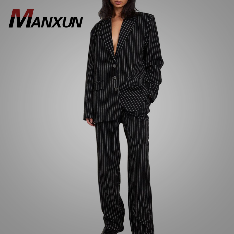 Boss Lady 2 Piece Suits Fashion Stripe Blazer Jacket With Pants Fall Office Custom Formal Coats Set