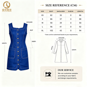 Abito Mini <span class=keywords><strong>Blu</strong></span> Royal Personalizzato da Donna con Scollo Quadrato, Cuciture Bianche a Contrasto, Bottoni Dorati e Tasche Applicate - Produzione di <span class=keywords><strong>Abbigliamento</strong></span> - Product Image 3