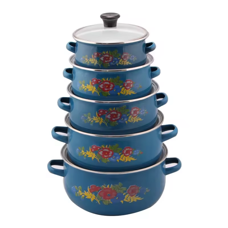Lot de 5 casseroles vintage émaillées crème décors fleurs