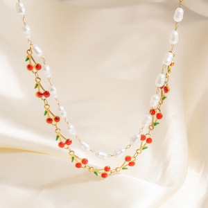 European American Style Pearl Necklace Cherry Pendant 18k Gold Plated <b>Titanium</b> Steel Clavicle <b>Chain</b> Women's Everyday Wear - Product Image 3