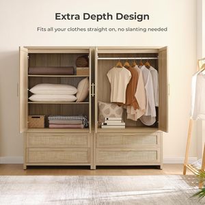 <span class=keywords><strong>Armoire</strong></span> en rotin, penderie, placard, éco-responsable, gain de place, autoportante, 2 tiroirs, tringle de suspension, minimaliste, grande capacité - Product Image 2