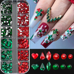 Décorations d'ongles de Noël tendance : 12 compartiments, ornements verts et rouges, strass pour ongles, breloques de dessin animé, accessoires - Product Image 2