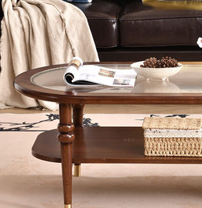 Mesa de Centro Ovalada Clásica Americana para Sala de Estar con Tapa de Vidrio Acanalado y Marco de Madera de Nogal, Espacio de Almacenamiento de 2 Niveles, Detalles de Patas Doradas - Product Image 2