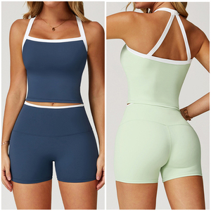 Completo Yoga Patchwork TZ2027: Top Sportivo Halter con Spalline Incrociate e Leggings Aderenti per <span class=keywords><strong>Donna</strong></span> - Ideale per Corsa e Fitness - Product Image 4