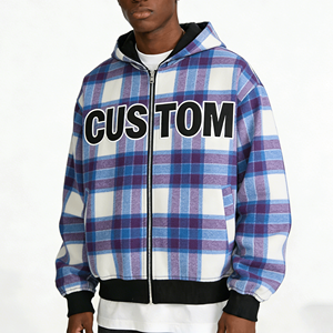 Sudadera con Capucha Personalizada 100% Algodón <span class=keywords><strong>para</strong></span> Hombre, Diseño Reversible de Franela Doble a Cuadros con Cremallera, Estilo Vintage Lavado a la Piedra, Moda Urbana - Product Image 1