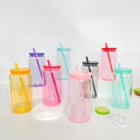 Gobelet en plastique transparent avec couvercle et paille, en forme de canette de soda, réutilisable, pour café glacé, jus et autres boissons