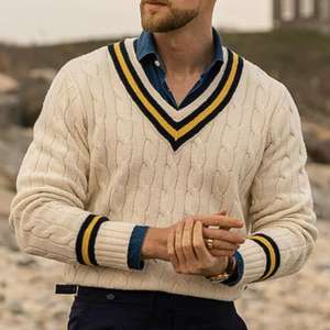كنزة رجالية جديدة لعام <span class=keywords><strong>2026</strong></span>، سترة رجالية مخصصة، بلوفر رجالي محبوك بنمط الكابل، سترة صوفية برقبة على شكل V للرجال - Product Image 2