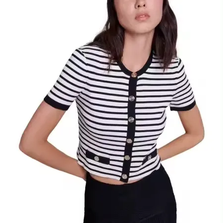 Üretici sağlamak özel kadın yaz düğmesi aşağı gömlek rahat kısa kollu V boyun nervürlü örgü bluz hırka