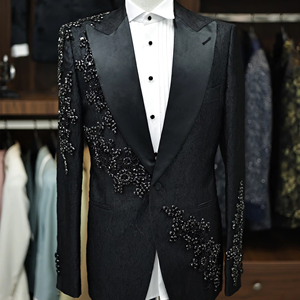 Trajes ajustados de lujo clásicos a medida para <span class=keywords><strong>hombre</strong></span>, esmoquin de negocios Formal transpirable de alta calidad en estilo frontal plano de talla grande - Product Image 1