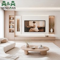 Meuble TV Wabi Sabi avec panneau d'écran flottant rétroéclairé, niches éclairées revêtues de bois, console à tiroirs basse flottante
