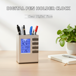 Tempat Pena Digital Senyap Promosi, Organizer Meja, Jam Alarm LCD dengan Lampu Latar, Kalender, Suhu Ruangan, Dioperasikan dengan Baterai - Product Image 2