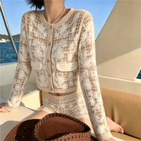 Ensemble deux pièces en crochet pour femmes, beige, style bohème, à fleurs, ajouré, cardigan à manches longues avec short, tenue d'été en crochet