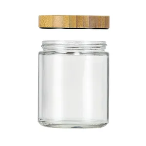 8盎司厚透明圆形玻璃蜡烛罐，带竹盖，用于制作蜡烛，空食物储存容器，用于香料