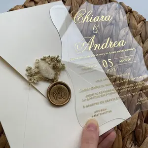 Ouro Impresso Personalizado Claro Plástico Único Saudação Caixa De Presente Casamento Acrílico Cartões De Convite Laser Cut casamento convidar acrílico