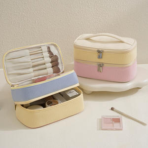 Sac de maquillage en velours côtelé double couche Beilian avec compartiments pour pinceaux, grande capacité, trousse de toilette de voyage - Product Image 3