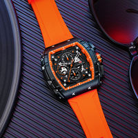 Montre chronographe squelette pour homme, forme tonneau, mouvement multifonction, aiguilles ajourées, bracelet en silicone, montre sport