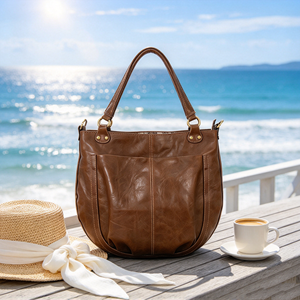 Sac fourre-tout vintage en cuir marron grande capacité avec plusieurs poches et bandoulière amovible - Product Image 5