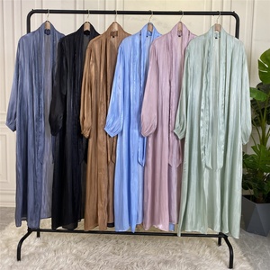 1877# Lightweight Spring Summer <b>Maxi</b> Dress Shiny Silk Puff Sleeve Muslim Women Open Abaya Dubai <b>Kaftan</b> Islamic Clothing 6 Colors - Product Image 4
