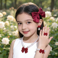 Set de Joyería de Perlas con Lazo de Satén para Niñas, Regalo de Princesa, Pinza Grande para el Cabello, Coletero, Collar de Perlas, Pulsera, Pendientes, Anillo, Accesorio para Niñas Pequeñas