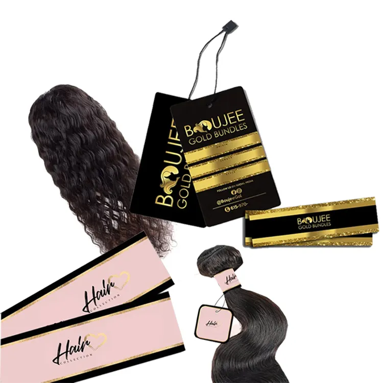 Benutzer definierte Logo Länge Zoll Krawatte Pflege Salon Bündel Aufkleber Verpackung Haar bündel Etiketten für Haar verlängerungen und Verpackung