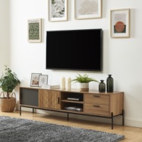 Meuble TV moderne en bois brun de haute qualité pour salon avec 2 tiroirs, 2 portes coulissantes, 2 compartiments ouverts, pieds en métal noir