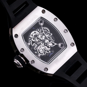 Montre de luxe à mouvement squelette visible avec boîtier en acier argenté de forme tonneau, matériaux durables, idéale pour un cadeau de mode masculin - Product Image 5