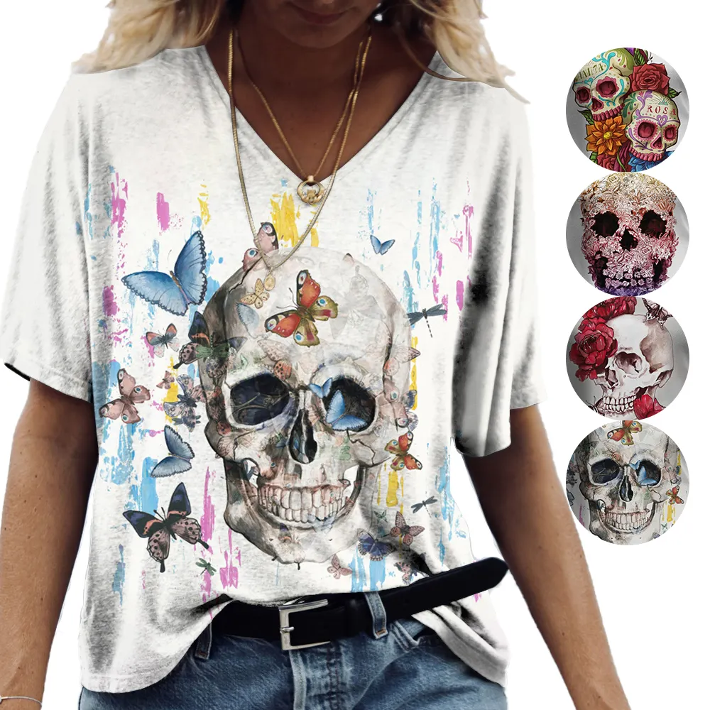 Camiseta de verano de gran tamaño para mujer, marca de moda, gráficos personalizados, patrón de flor de Calavera, impresión 3D, Camiseta con estampado Vintage suave