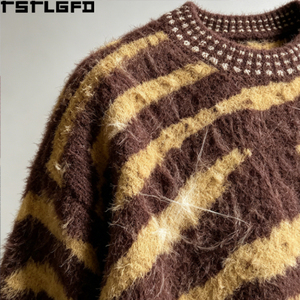 Pull en tricot personnalisé à strass, motif zèbre marron, col rond, style streetwear, vente en gros - Product Image 5