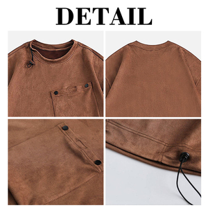 Camiseta KingSen de Manga Corta con Cordón Ajustable en el Bajo, Estilo Vintage, de Gamuza Sintética, Hombros Caídos, Corte Holgado, con Bolsillo - Product Image 6