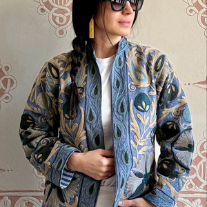 Veste d'extérieur pour femme en coton écologique matelassé de style ethnique chic automne 2025, broderie suzani florale, doublure en coton - Product Image 1