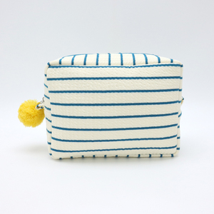 Trousse de Toilette Rayée Effet Gaufre avec Pompon Jaune, Fermeture Éclair, 3 Couleurs Disponibles, Grande Capacité, Organisateur de Maquillage pour Voyage - Product Image 2