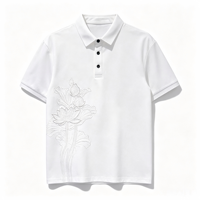 Kemeja Polo Pria Kasual Poliester Gaya Cina Modis, Bahan Bernapas, Model Slim Fit Kerah Lapel, Motif Bunga Teratai Putih, Terbaru Musim Panas