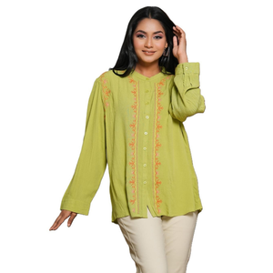 Wholesale Elegant Fashion Apparel Gathered Long Sleeve Chinese Collar Embroidery <b>Top</b> - Product Image 2