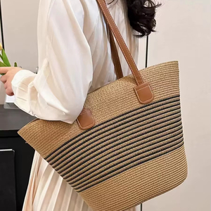 Sac fourre-tout en coton durable et tendance à prix abordable, imperméable, pour filles, à rayures, style rétro, pour la plage, avec bandoulière réglable - Product Image 1