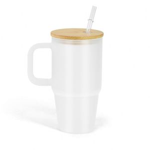 Vaso Personalizado de Vidrio Esmerilado Transparente de 20 oz para Sublimación, Taza con Asa y Tapa de Bambú - Product Image 1