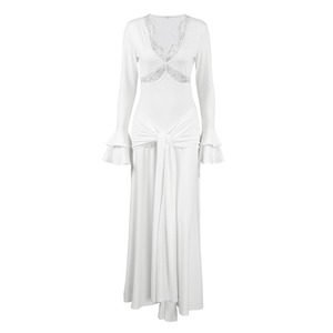 2026 Nieuwe Herfst Groothandel Witte Kant V-hals Jurk Dames Bell Sleeve Geruite Taille Strik Gedrapeerde Paneel Getailleerde Zeemeermin Maxi Lange Jurk - Product Image 4