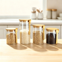 Bocaux en verre de qualité alimentaire, transparents, ronds, avec couvercle en bambou et cuillère, hauteur 127 mm, pour le stockage du riz, des pâtes et des légumineuses