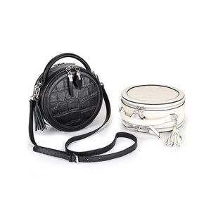 Sac à main pochette en cuir véritable pour femme, motif crocodile, avec fermeture ouverte, sac rond à bandoulière tendance pour femme - Product Image 1