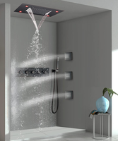 Système de robinetterie de douche thermostatique en bronze huilé avec pommeau de douche cascade LED 14 x 20 pouces et mitigeur de salle de bain