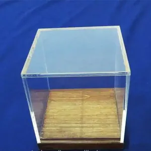 透明亚克力立方体盒子，带木质底座方形珠宝展示盒，用于戒指手镯小亚克力展示盒