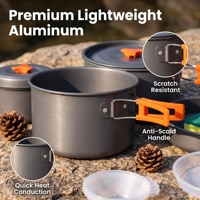 Ensemble de cuisine de camping en aluminium anodisé de 1,9 kg, comprenant une marmite suspendable et une poêle à frire, empilable et pliable, pour usage extérieur en groupe, vente en gros OEM