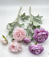 Bunga Sutra Premium Peony & Ranunculus 3 Tangkai Bunga Palsu Realistis untuk Dekorasi Pernikahan & Rumah Grosir