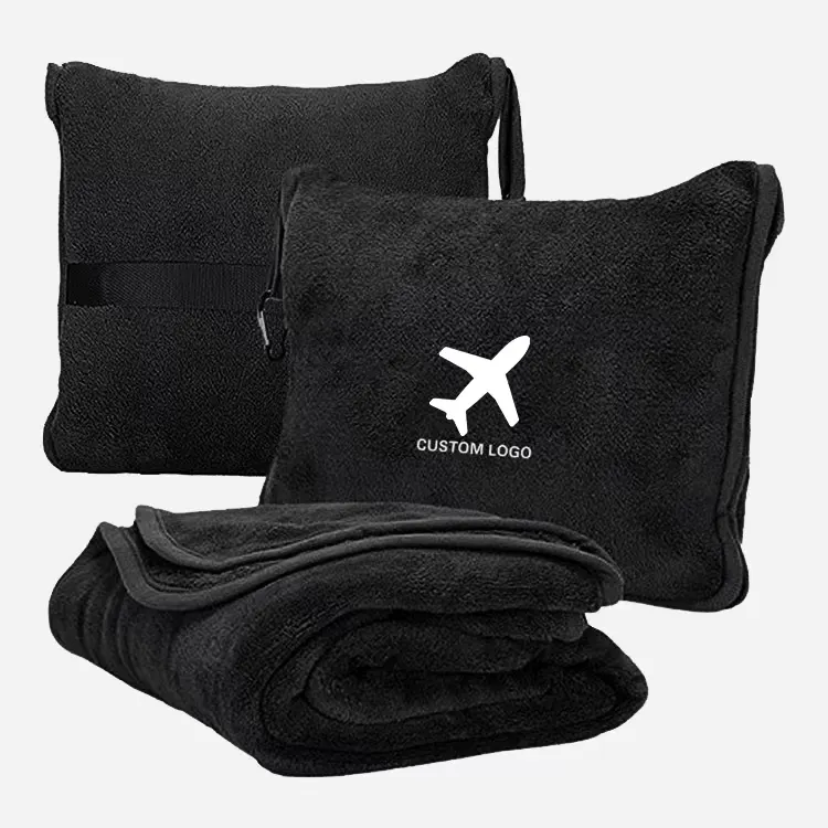 Cobertor de travesseiro de viagem preto com zíper cobertor de flanela com logotipo