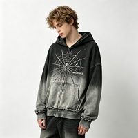 Supplier Grosir Hoodie Zip Up Pria Model Distressed Acid Wash dengan Grafis Laba-laba dan Detail Rhinestone serta Raw Hem