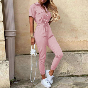 <span class=keywords><strong>Combinaison</strong></span> de travail à ceinture monochromatique pour <span class=keywords><strong>femme</strong></span>, <span class=keywords><strong>pantalon</strong></span> décontracté, col rabattable, boucle, européen et américain, été - Product Image 4