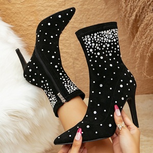 Bottines noires à bout pointu pour femme, automne-hiver 2025, talons hauts, sexy, avec strass, bottines à la mode pour femme - Product Image 1