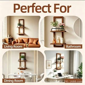 Wooden <b>Wall</b> <b>Mounted</b> <b>Shelves</b> 2 Tier With Aluminum Rail For Plants And Decor Storage - Product Image 2