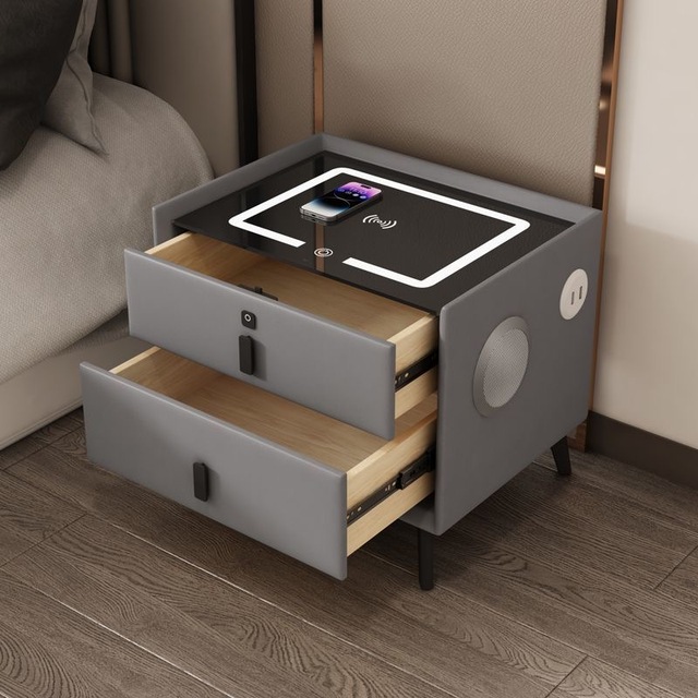 Smart Fingerprint Lock Nightstand with LED Light USB Wireless Charger Speaker Modern Smart Bedside Table Bedroom Furniture Set